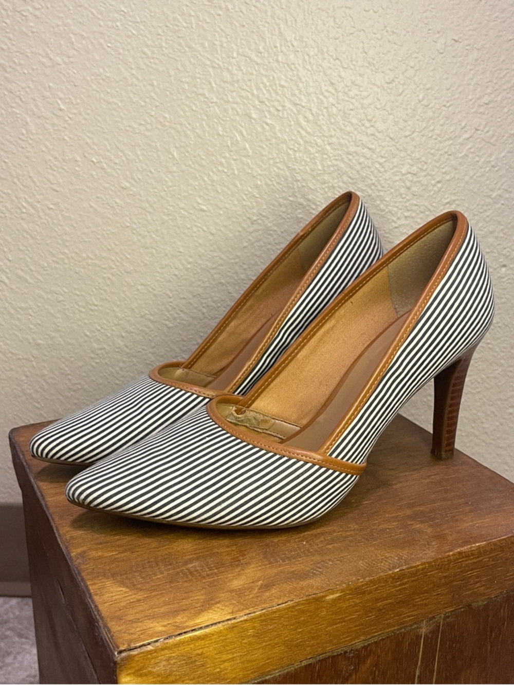 Striped Navy and White Pointed Toe High Heels with Tan Trim